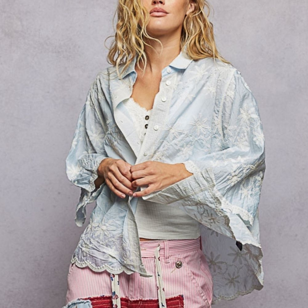 ****POL Embroidered Floral Collared Neck Shirt Light Blue Blouse sz Large